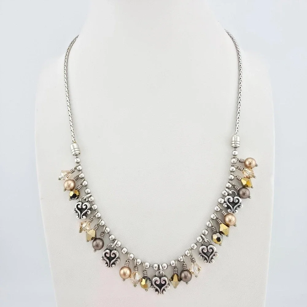 BRIGHTON 'Cannes' Fringe Collar Necklace Scroll Heart Crystal Silver Plate 18